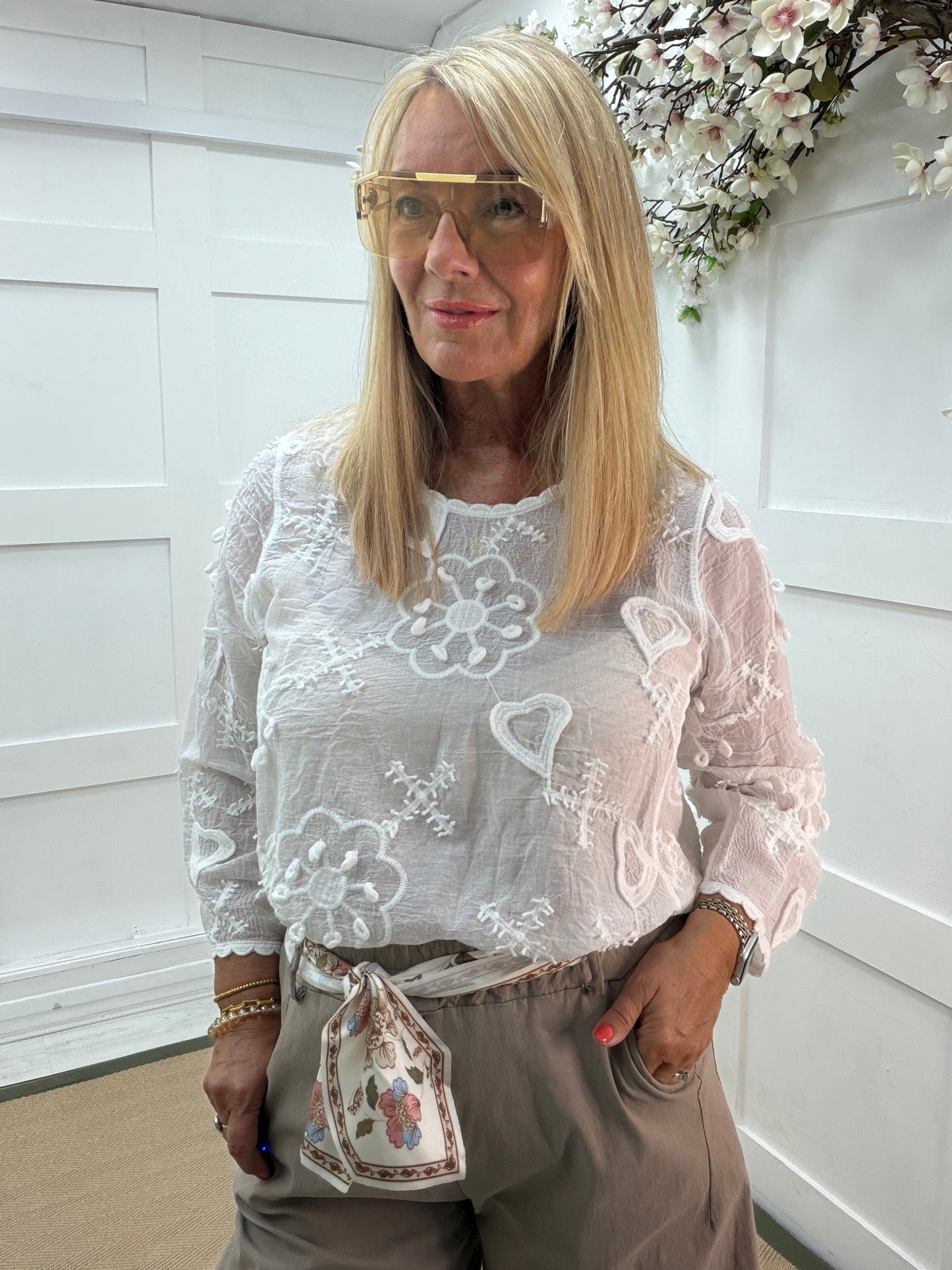 Sylvie: Embroidered long sleeve top. One size 12-18. 2 colours