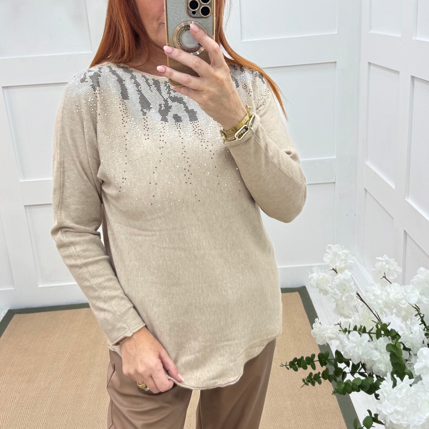 Coco: Beige & diamanté long sleeve knit top. One size: 10-16/18