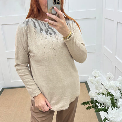Coco: Beige & diamanté long sleeve knit top. One size: 10-16/18