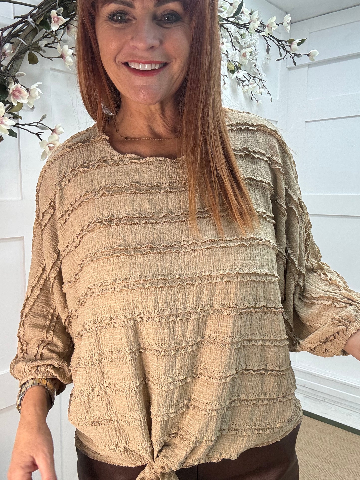Dorita: Sand ruffle & tie top. One size 12-16