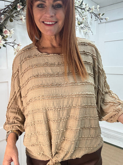 Dorita: Sand ruffle & tie top. One size 12-16