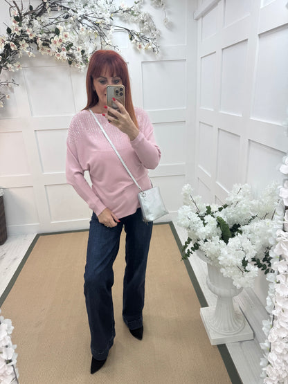 Arabella: Pink diamanté long sleeve top. One size: 12-16