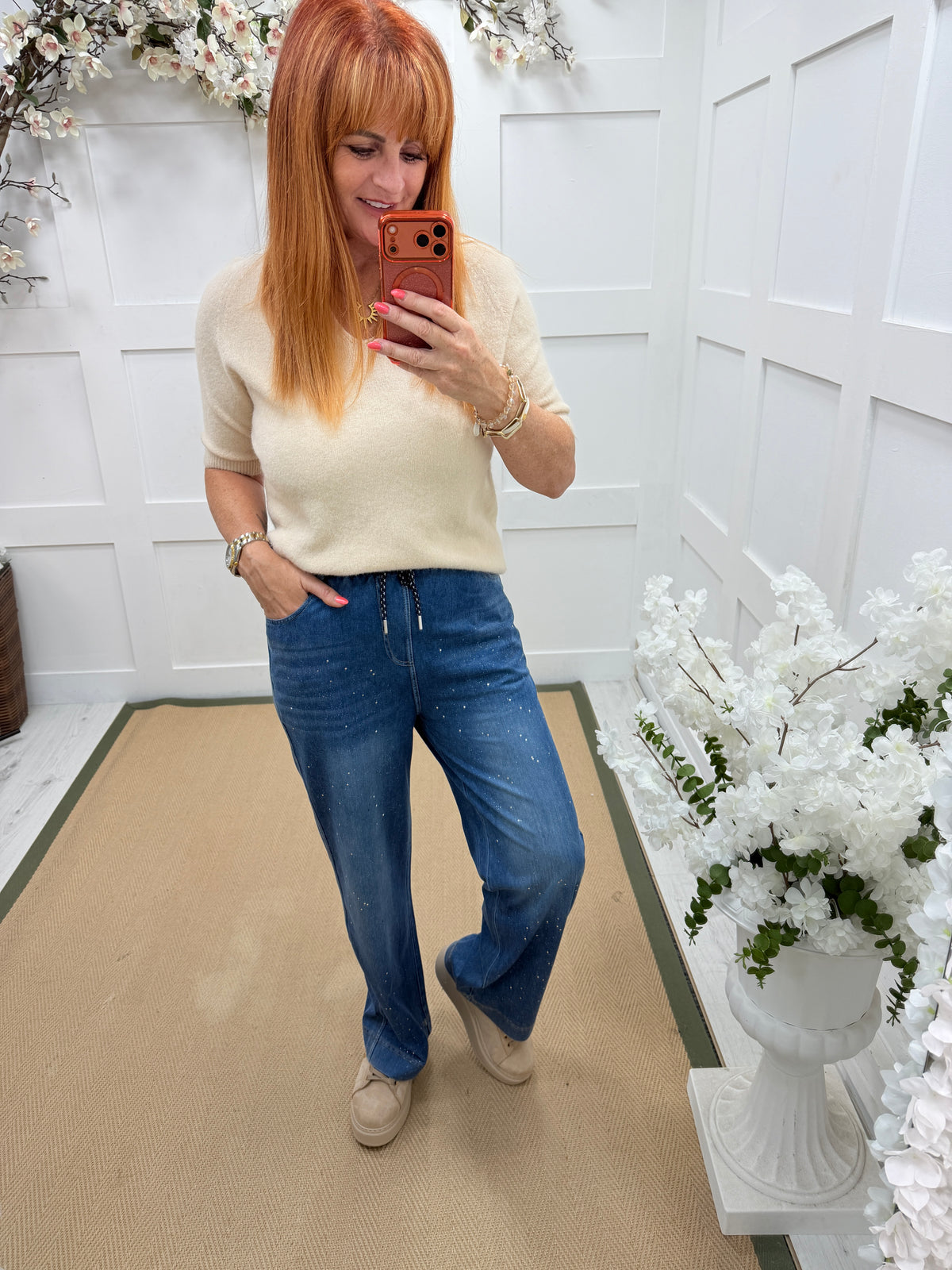 Crystal: Blue sparkle jean style trousers. 4 Sizes
