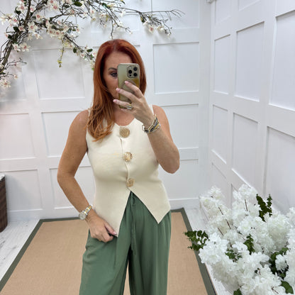Laura: Cream fine knit gold shell waistcoat. 2 sizes