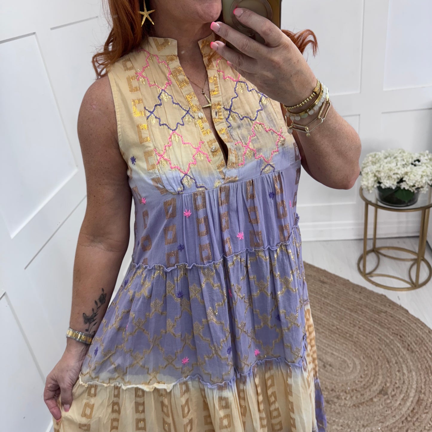 Florence: Peach & lilac embroidered maxi dress. One size: 12-16