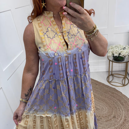 Florence: Peach & lilac embroidered maxi dress. One size: 12-16