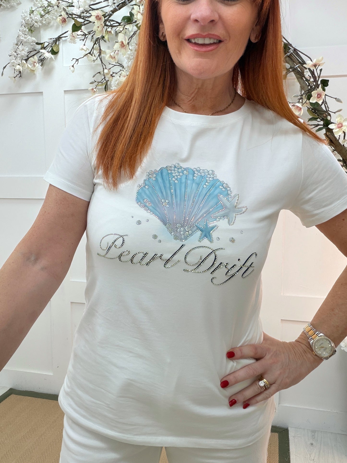 Marina: White & blue diamanté’ shell print T shirt. 2 sizes