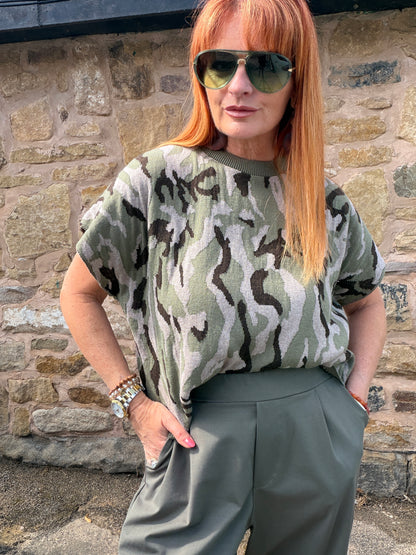 Rebel: Khaki cotton camo knit top. Sizes: 12-16