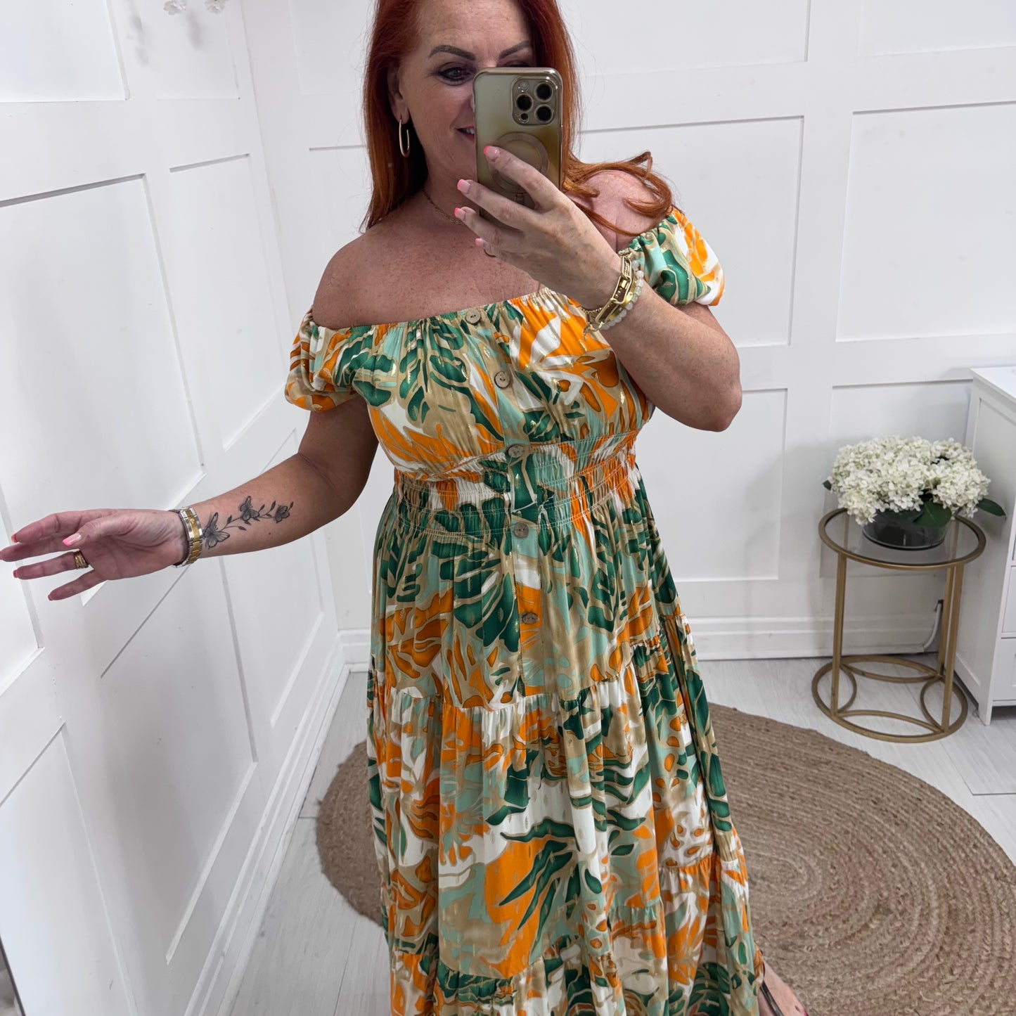 Elsa: Orange & green stretchy bardot maxi dress. One size: 10-20