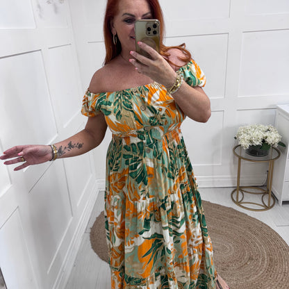 Elsa: Orange & green stretchy bardot maxi dress. One size: 10-20