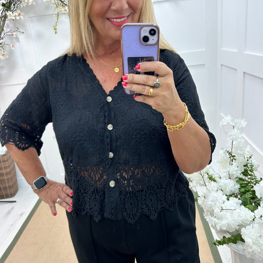 Effie: Black embroidered cardigan top. One size: 12-18
