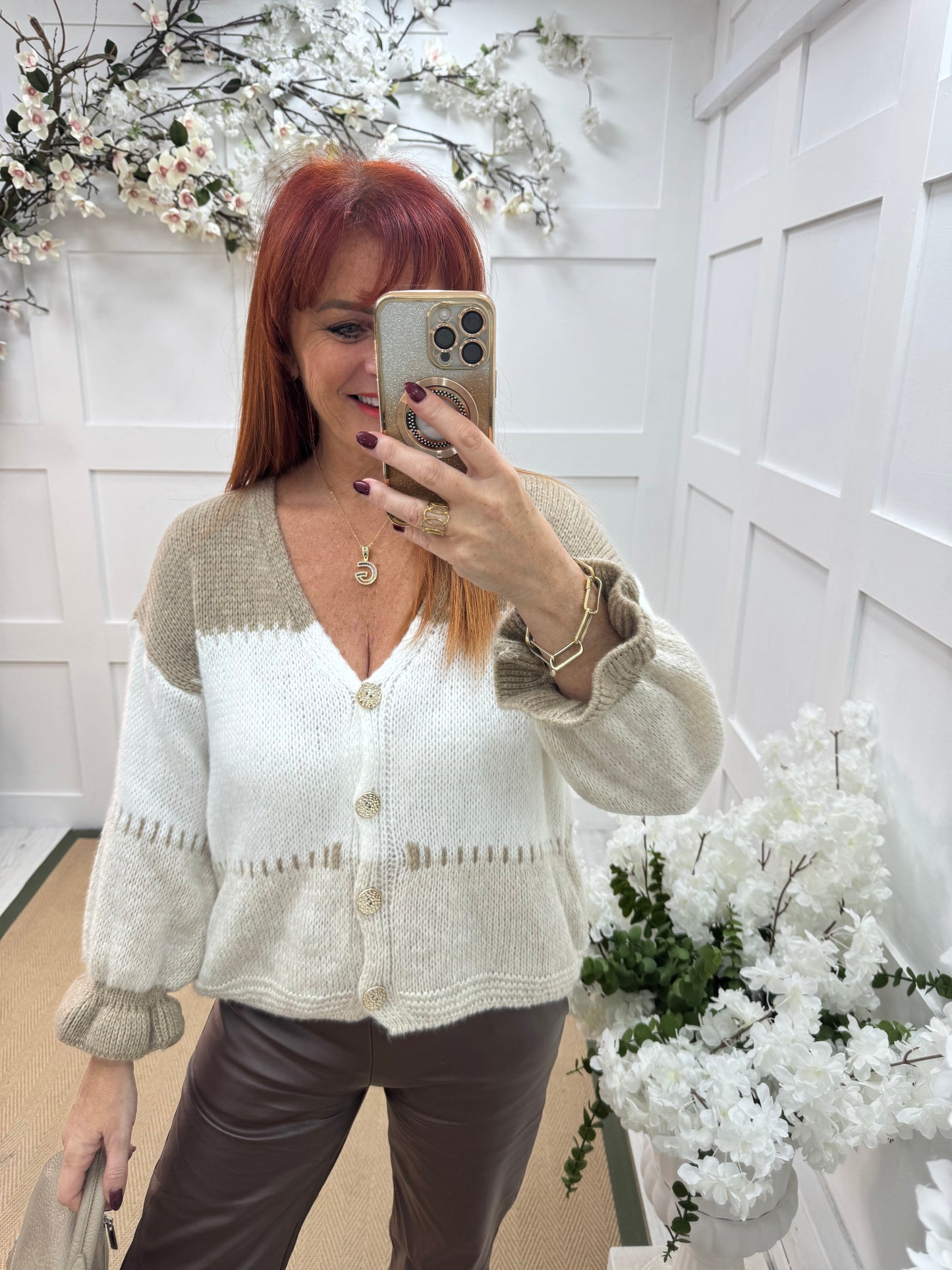 Sophia: Cream & mocha knit cardigan. One size: 12-18
