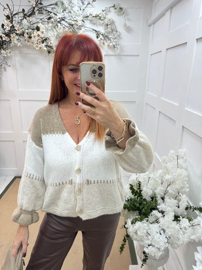 Sophia: Cream & mocha knit cardigan. One size: 12-18