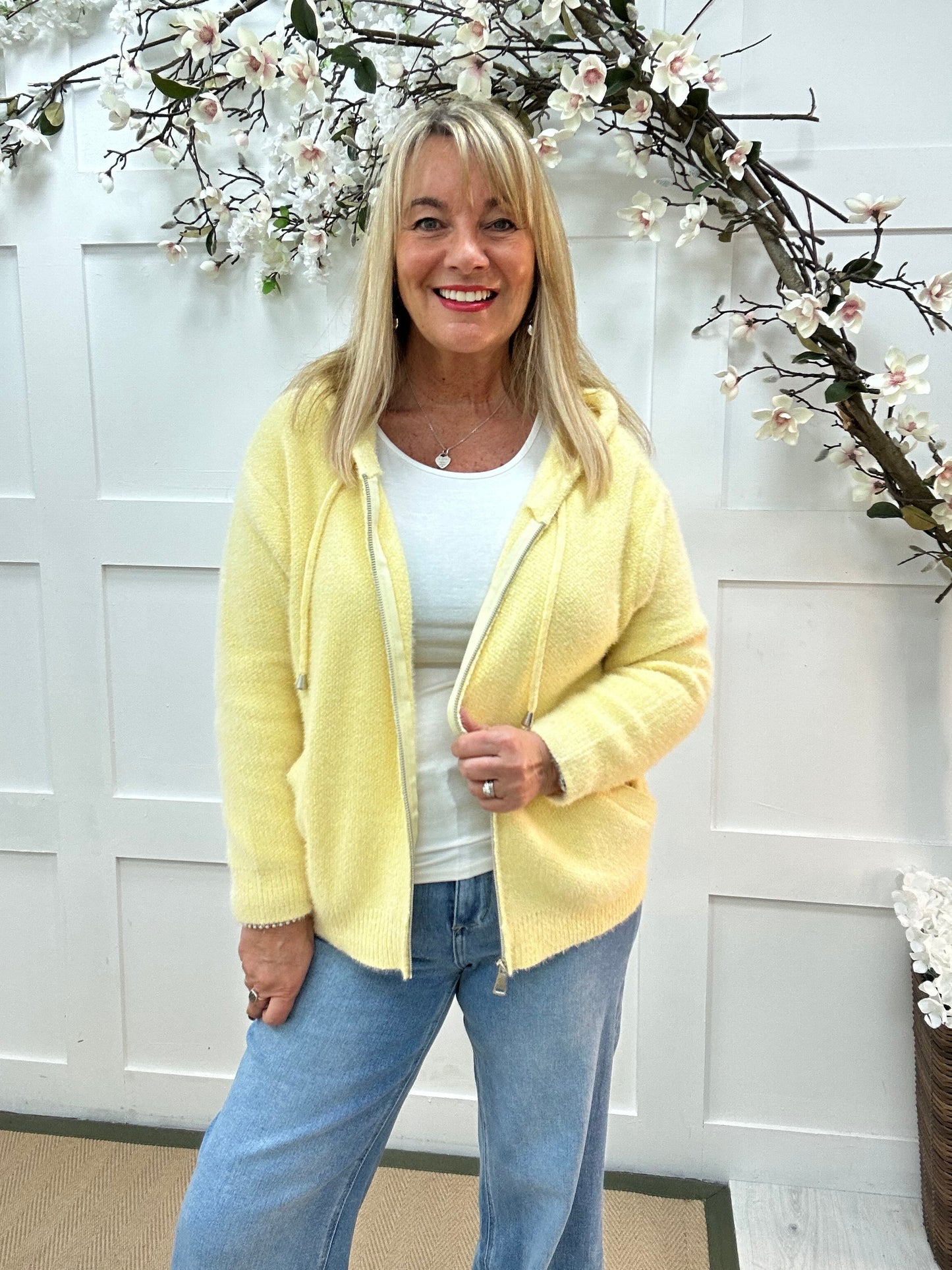 Teddi: Lemon soft knit zip up hooded top. 2 sizes.