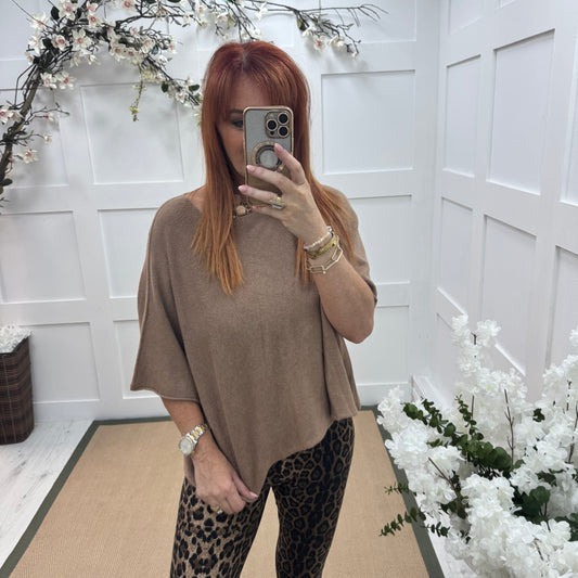 Carys: Sand short knitted top. One size: 12-18