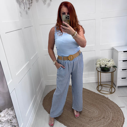 Tiff: Blue stripe wide leg belted trousers. One size: 8-14
