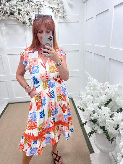 Orla: Orange floral button front midi dress. 5 sizes. 8-16