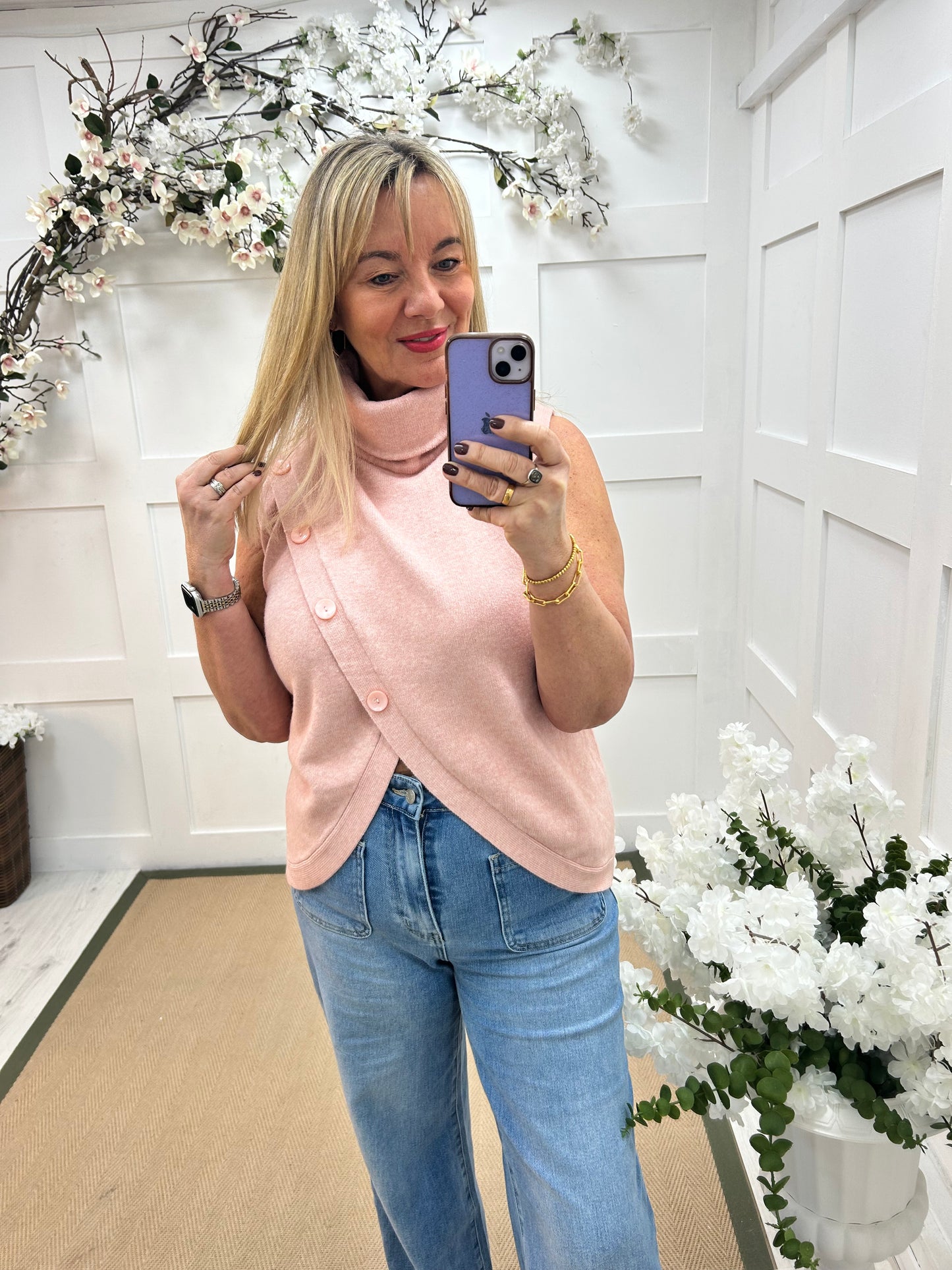 Carmen: Pink sleeveless cowl neck wrap top. One Sz: 10- 16