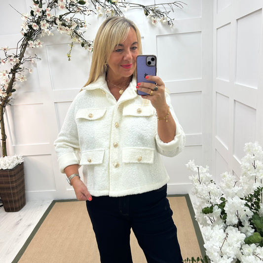 Bridget: White short boucle button jacket. One: 12-20