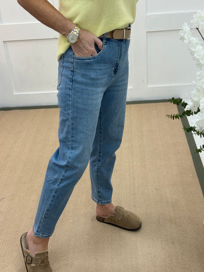 Devon: Light blue belted balloon jeans. Sizes: 8-16