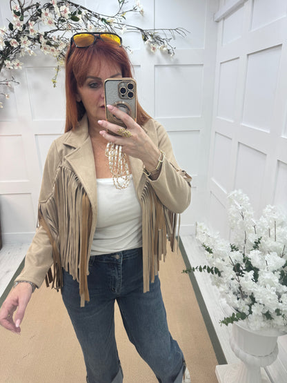 Heidi: Cream short suede fringe jacket. One size: 8-14