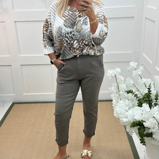 Mandi: Taupe stretchy frill pocket magic trousers with rear pockets. One Size: 14-20
