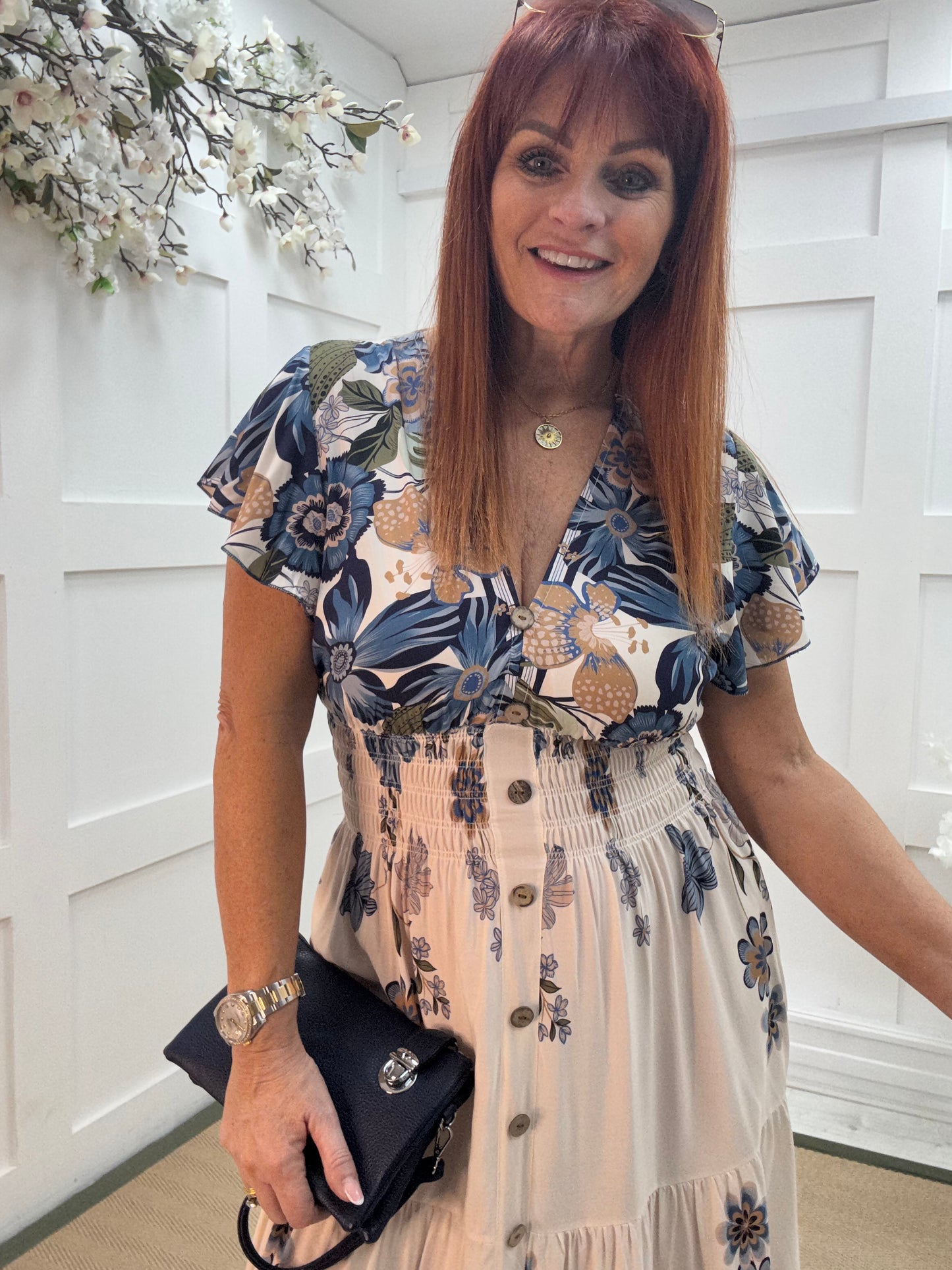 Aria: Blue & cream V neck stretchy maxi dress. One size: 10-18