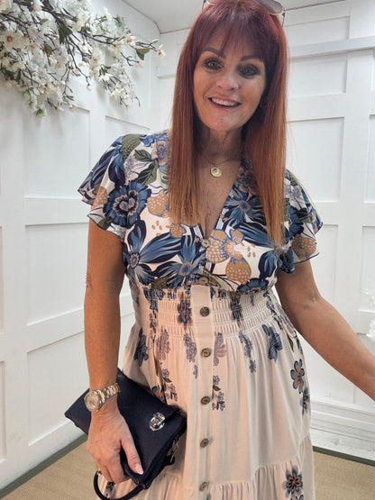 Aria: Blue & cream V neck stretchy maxi dress. One size: 10-18