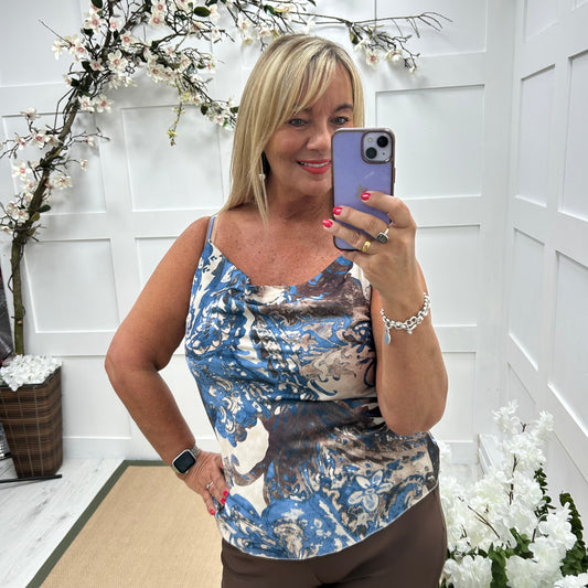 Cassidy: Blue print cowl neck strappy top. One size: 12-18