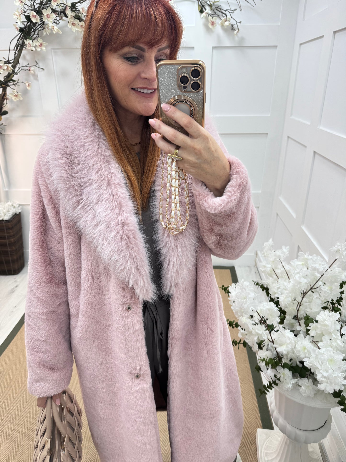 Madeleine: Baby pink long faux fur coat . One size 12-18