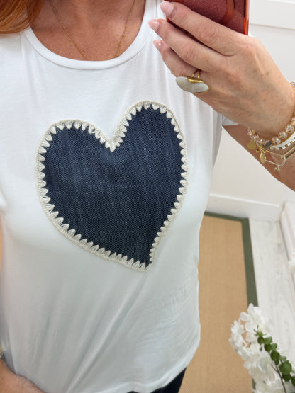 Harley: White & denim embroidered heart T shirt. One size: 10-14