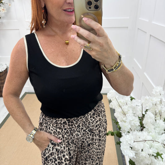 Lizzie: Black & gold stretchy vest top. One size: 12-18