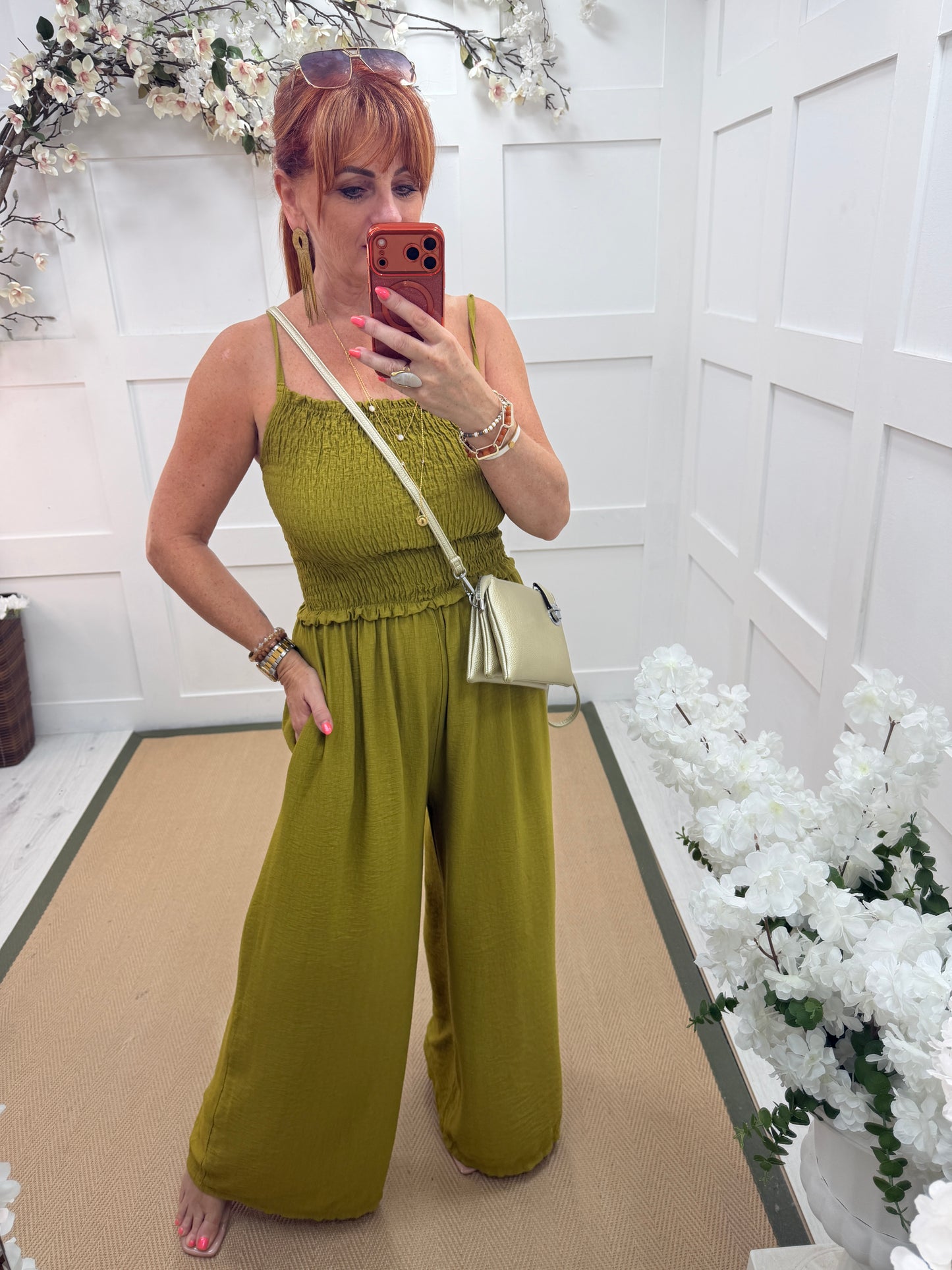 Allegra: Shirred bodice wide leg jumpsuit. 8-16. 5 colours