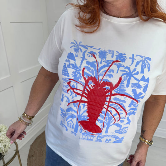 Lottie: Red lobster print cotton T shirt. One size: 12-18