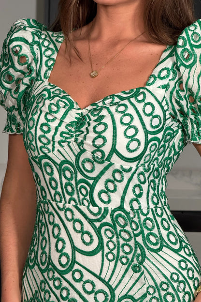 Lillian: Green & white Broderie Anglaise dress. Sizes: 12-18