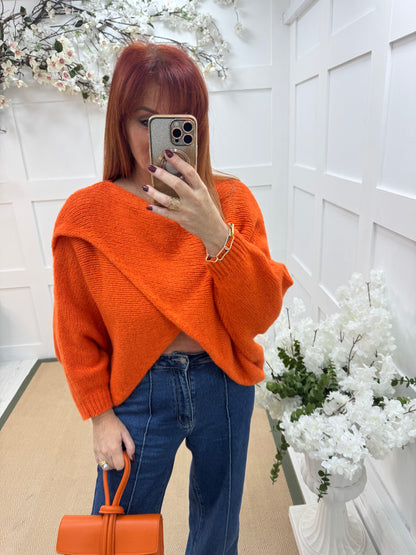 Willow: Orange stretchy short wrap top. One size: 10-18