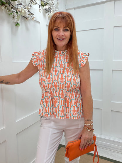 Faye: Lobster cap frill sleeve shirred top. One size: 10-16. 3 colours
