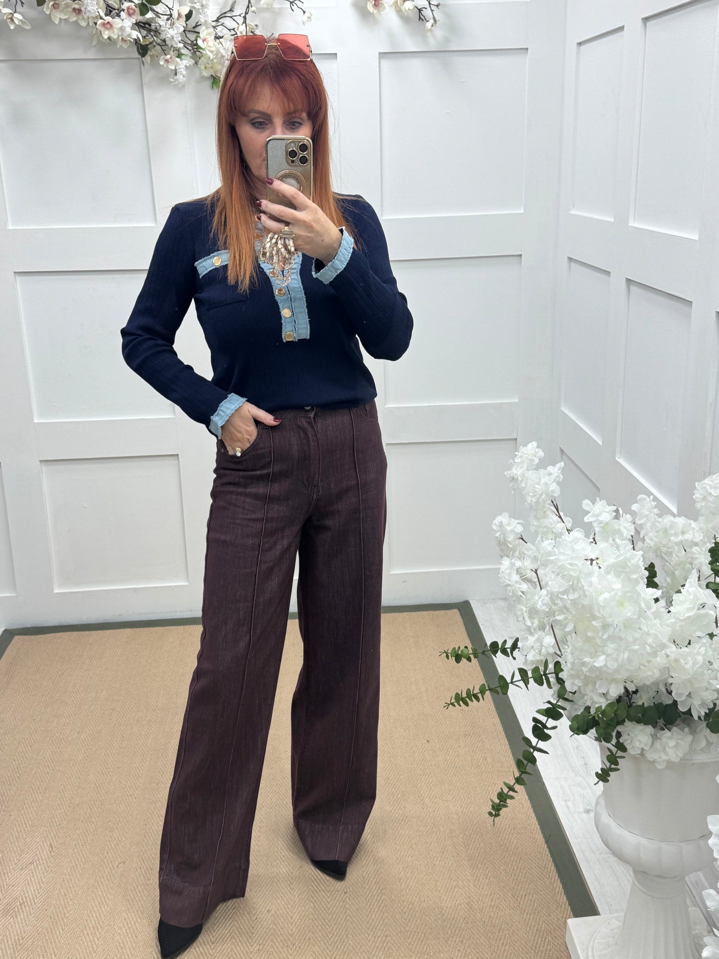 Benita: Burgundy high waist wide leg jeans. Sizes: 6-14