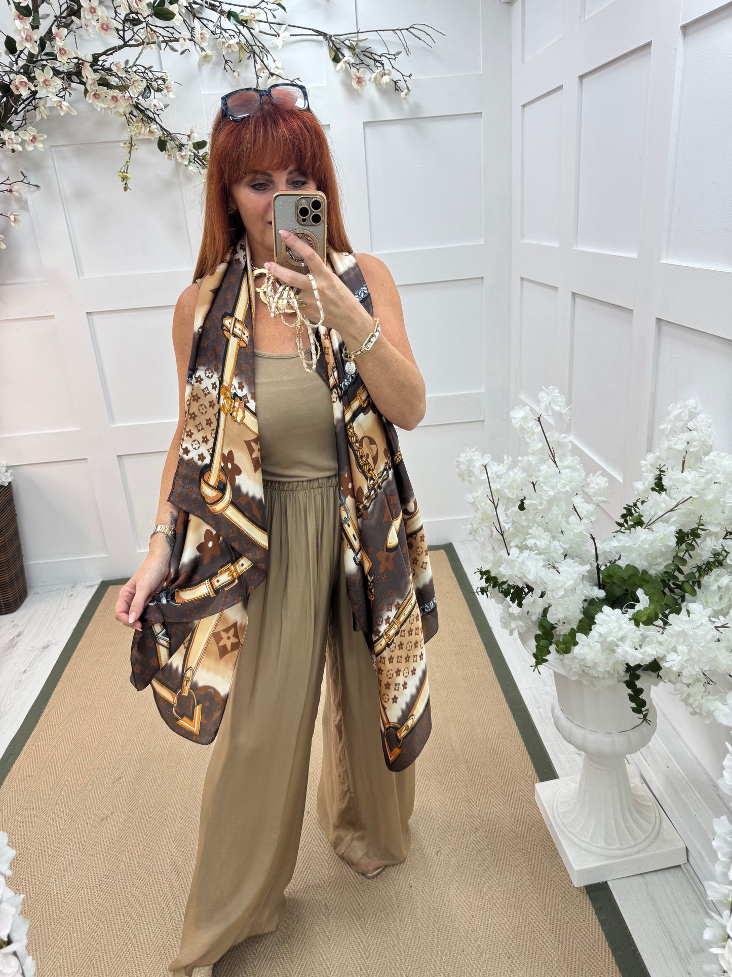 Venice: Gold silk wide leg trousers. One size: 12-20