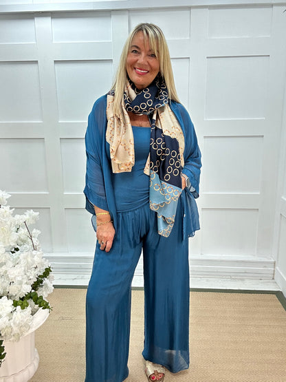 Venice: Teal silk wide leg trousers. One size: 12-20