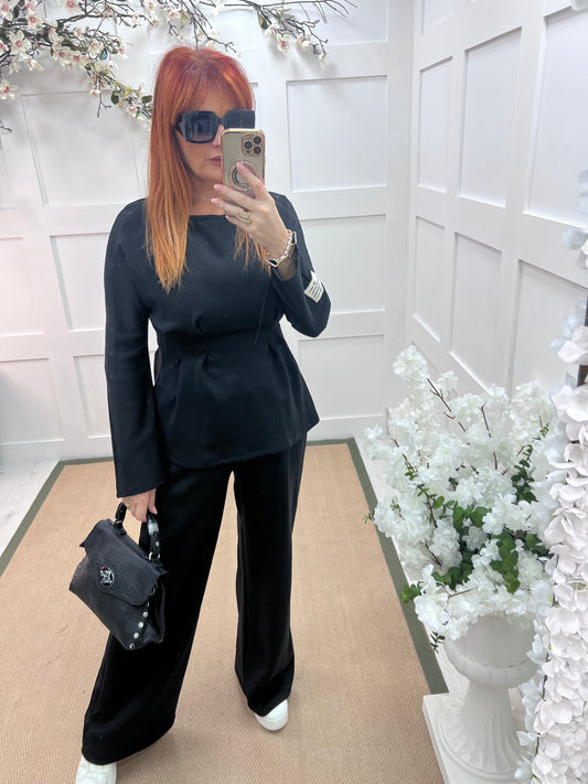 Pandora: Black 2 piece peplum loungewear set. One size: 10-14