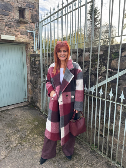 Loxley: Burgundy & grey check wool coat. One size 12-20