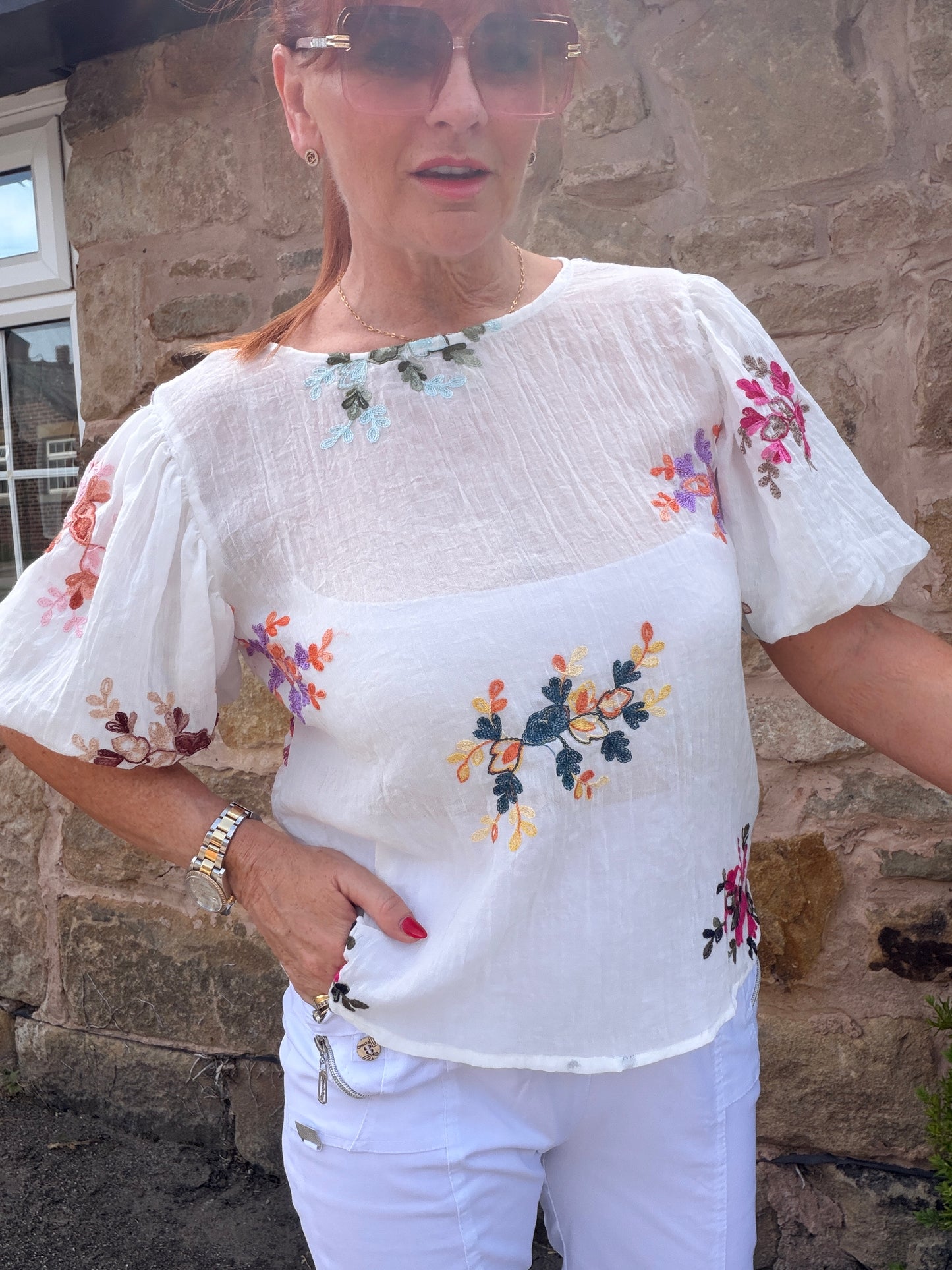 Lucinda: Multicoloured embroidered floral short puff sleeve top. One size: 10-14