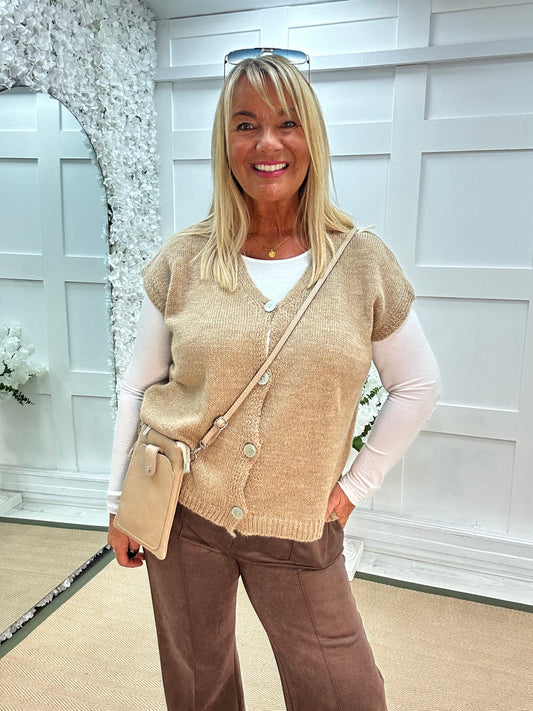 Nula: Sand plain mohair button waistcoat. One size: 14-20