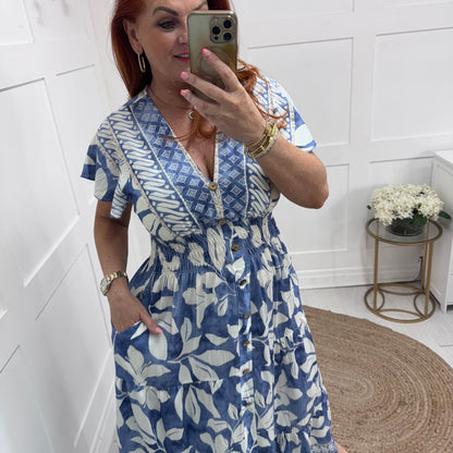 Jazmin: Blue & ivory stretchy V neck maxi dress. One size: 10-20