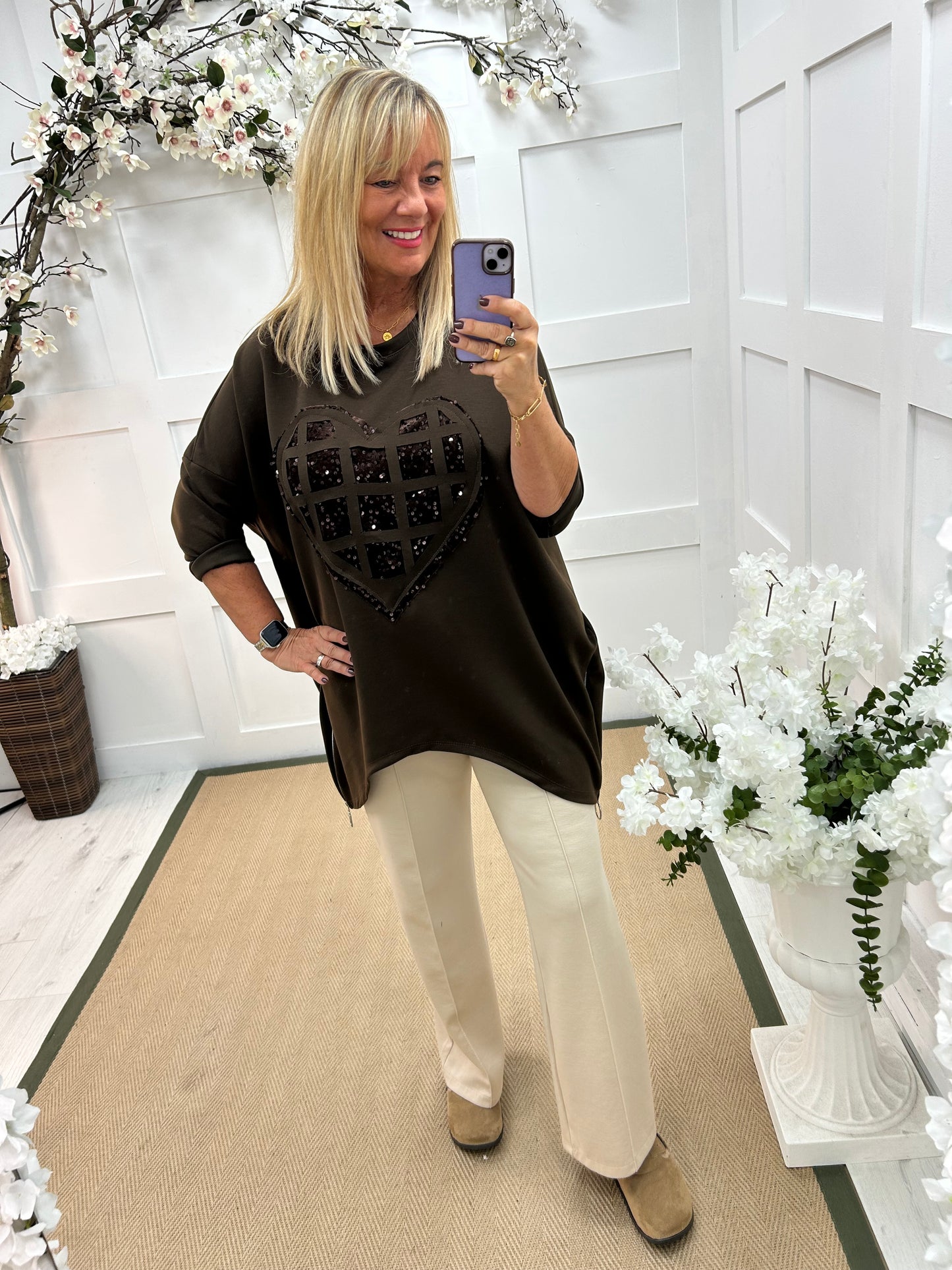 Hattie: Brown oversized sequin heart sweater. One size: 18-24