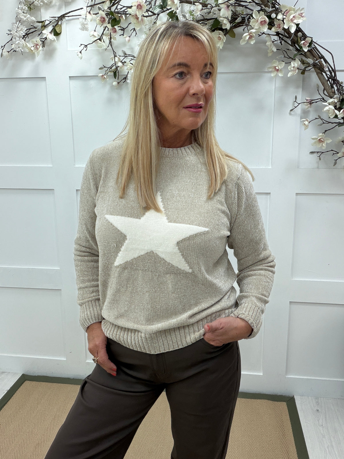 Sara: Soft star knit. One size: 10-16. 4 colours