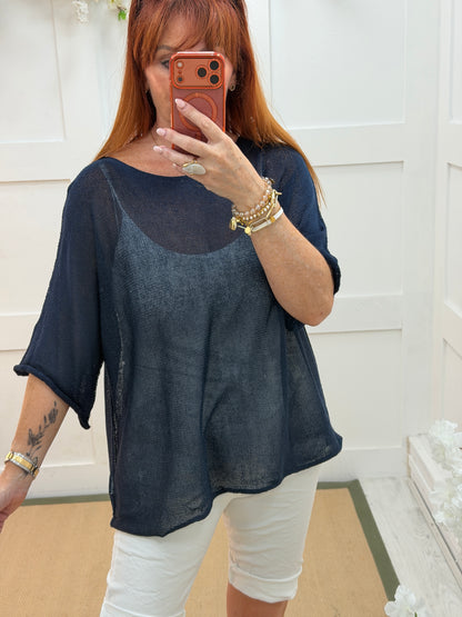 Leonie: Light weight fine knit short sleeve top. One size: 12-18. 7 colours