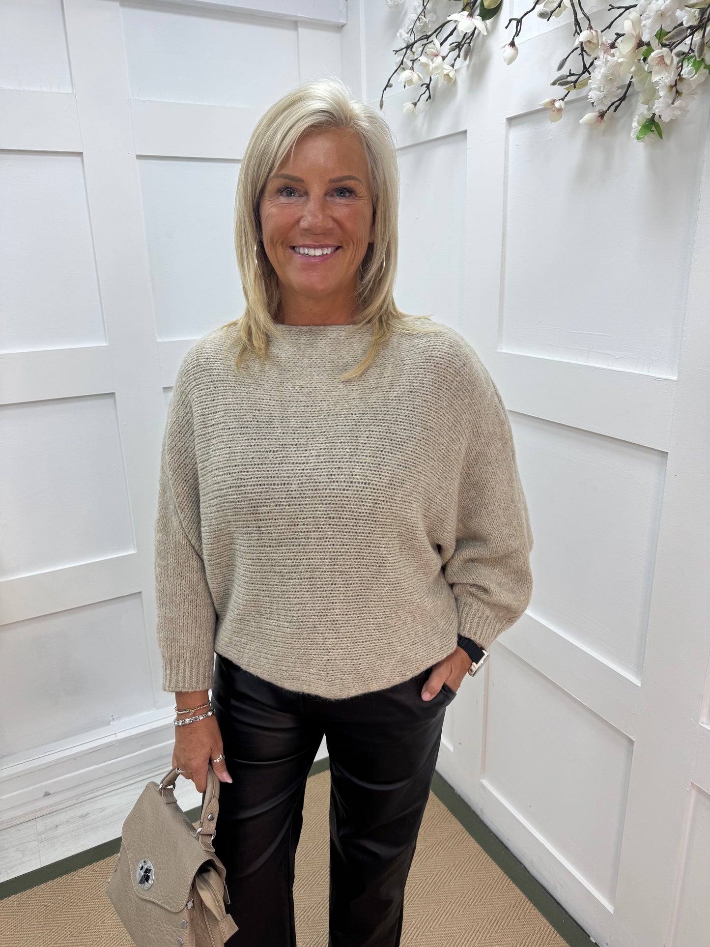 Willow: Oatmeal stretchy short wrap top. One size: 10-18