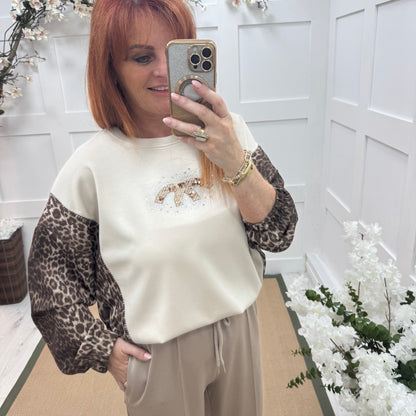 Maya: Cream leopard print diamanté logo sweatshirt. One size: 14-18